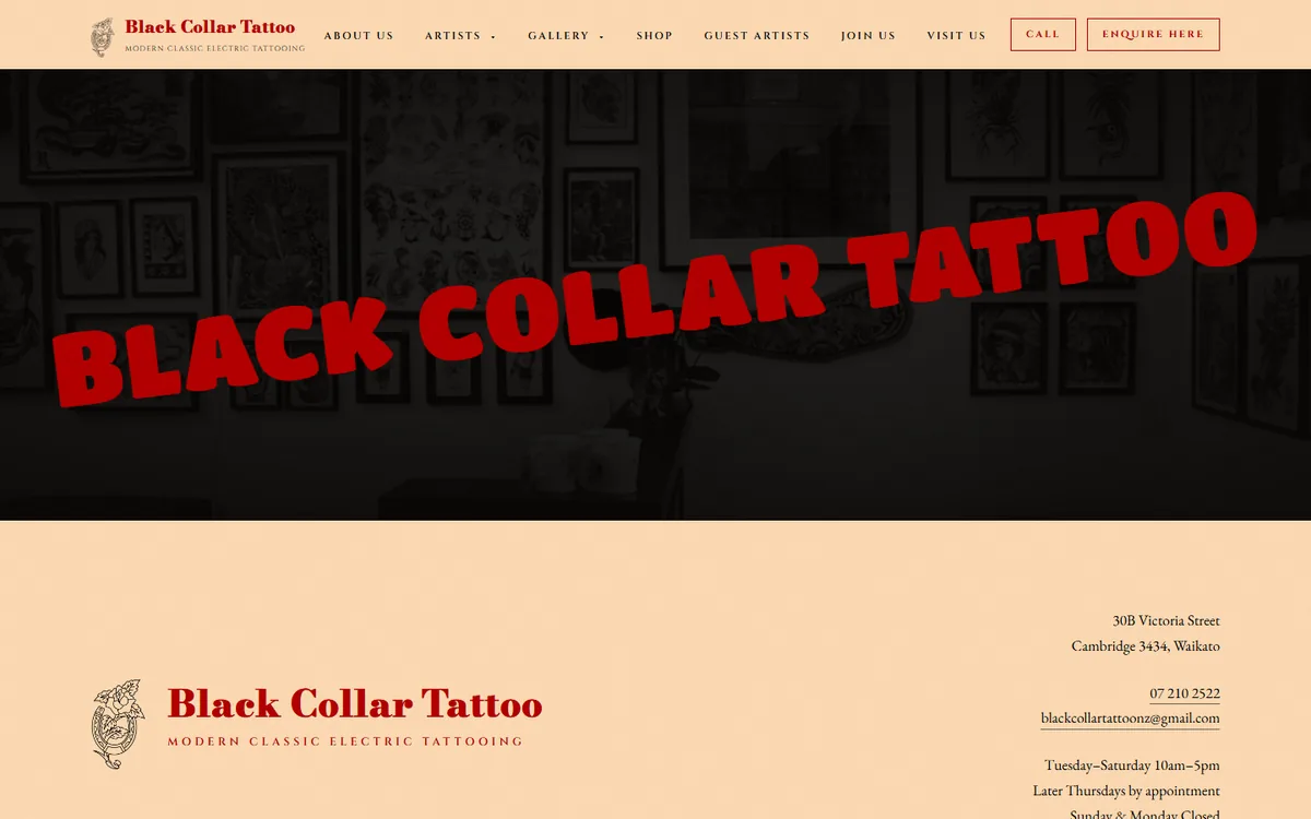 Black Collar Tattoo website home page, on a desktop screen