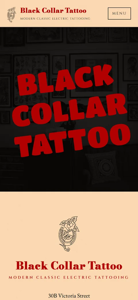 Black Collar Tattoo website home page, on a phone