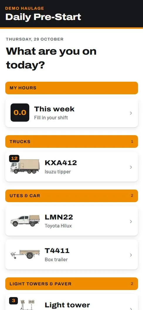 The driver's start screen: this week's hours and the vehicles to choose from