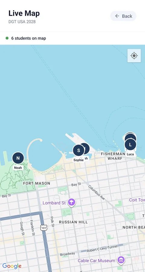 The staff live map, showing where each student on the trip is