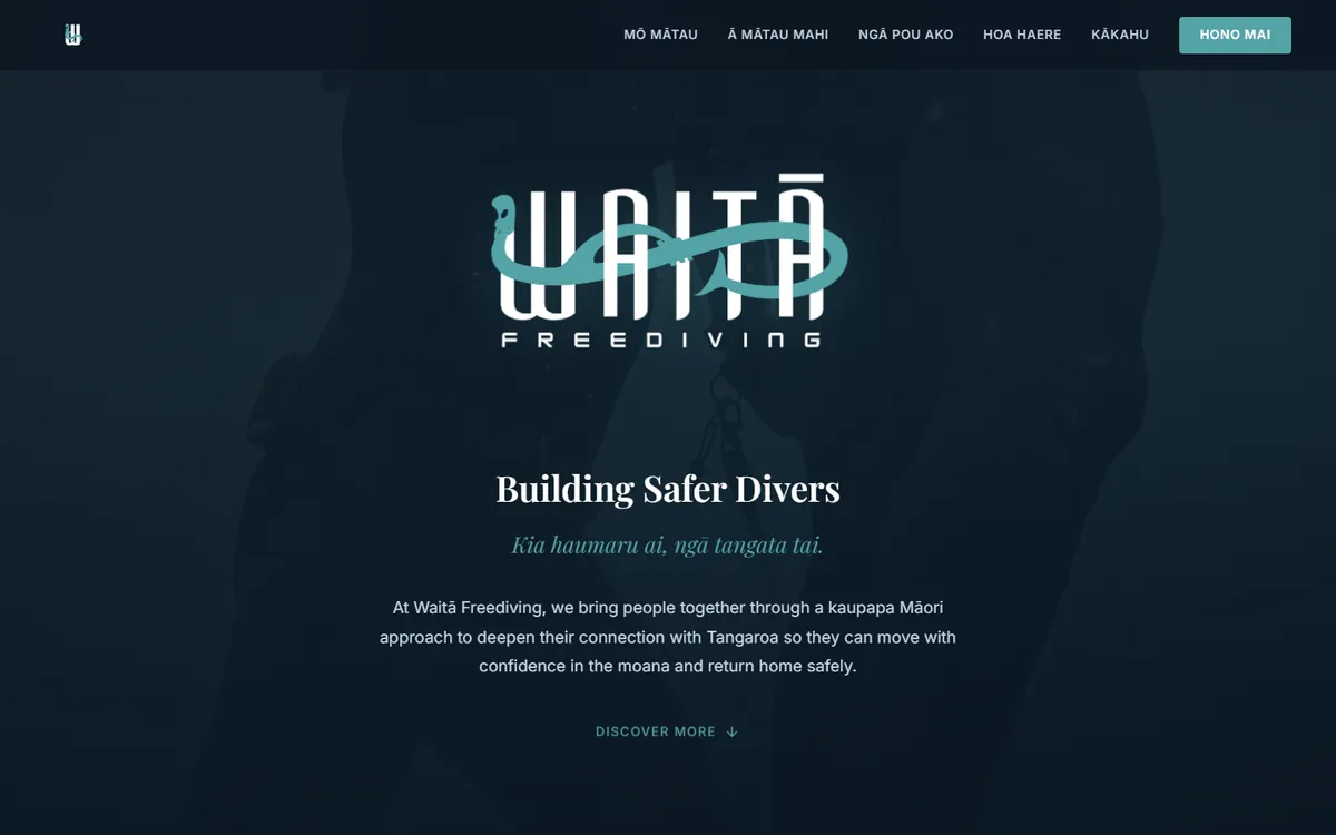The Waitā Freediving website on a desktop screen